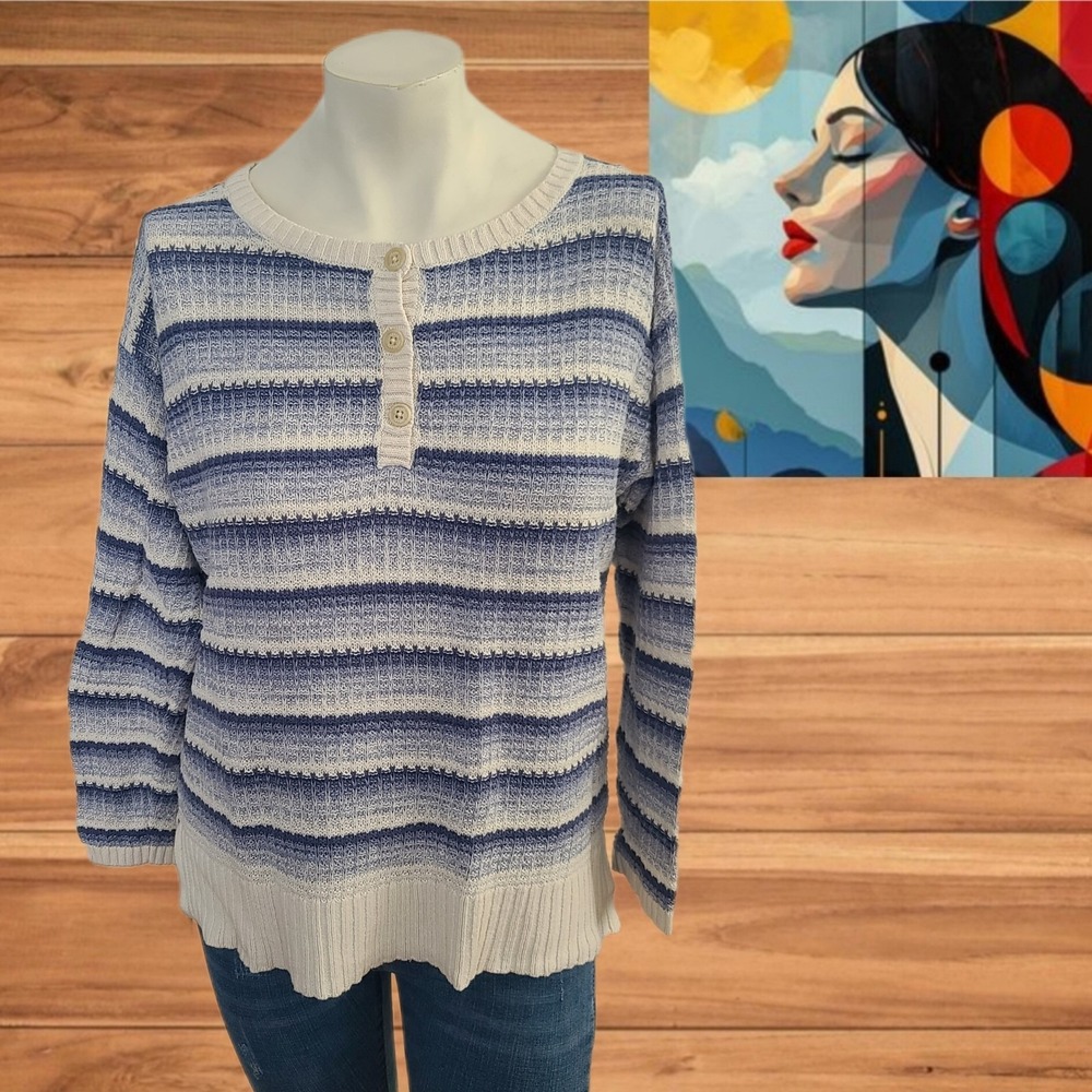 Chaps Sweater Womens‎  Blue Striped Henley Gradient Sz M